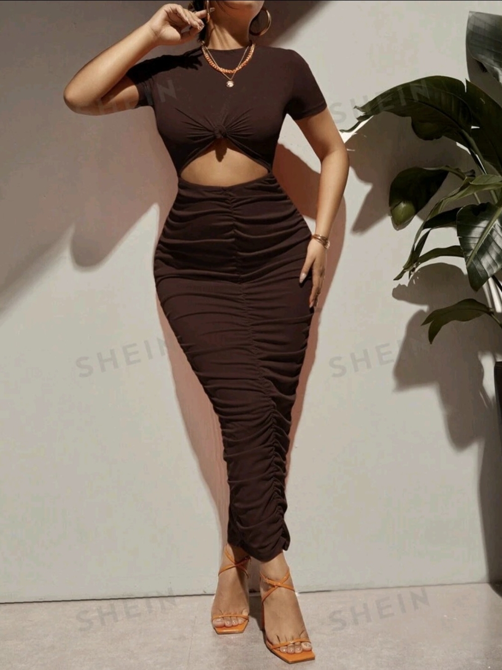 Womens SHEIN Chocolate Brown Ruched Cutout Stretch Maxi Dress Size L 8/10